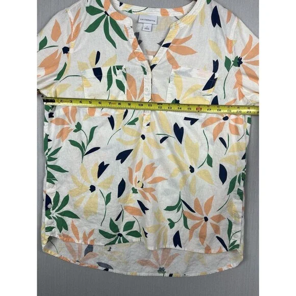 Liz Claiborne Linen Blend Tunic TopSplit Neck Colorful Floral Roll Tab Sleeves L - Picture 9 of 10